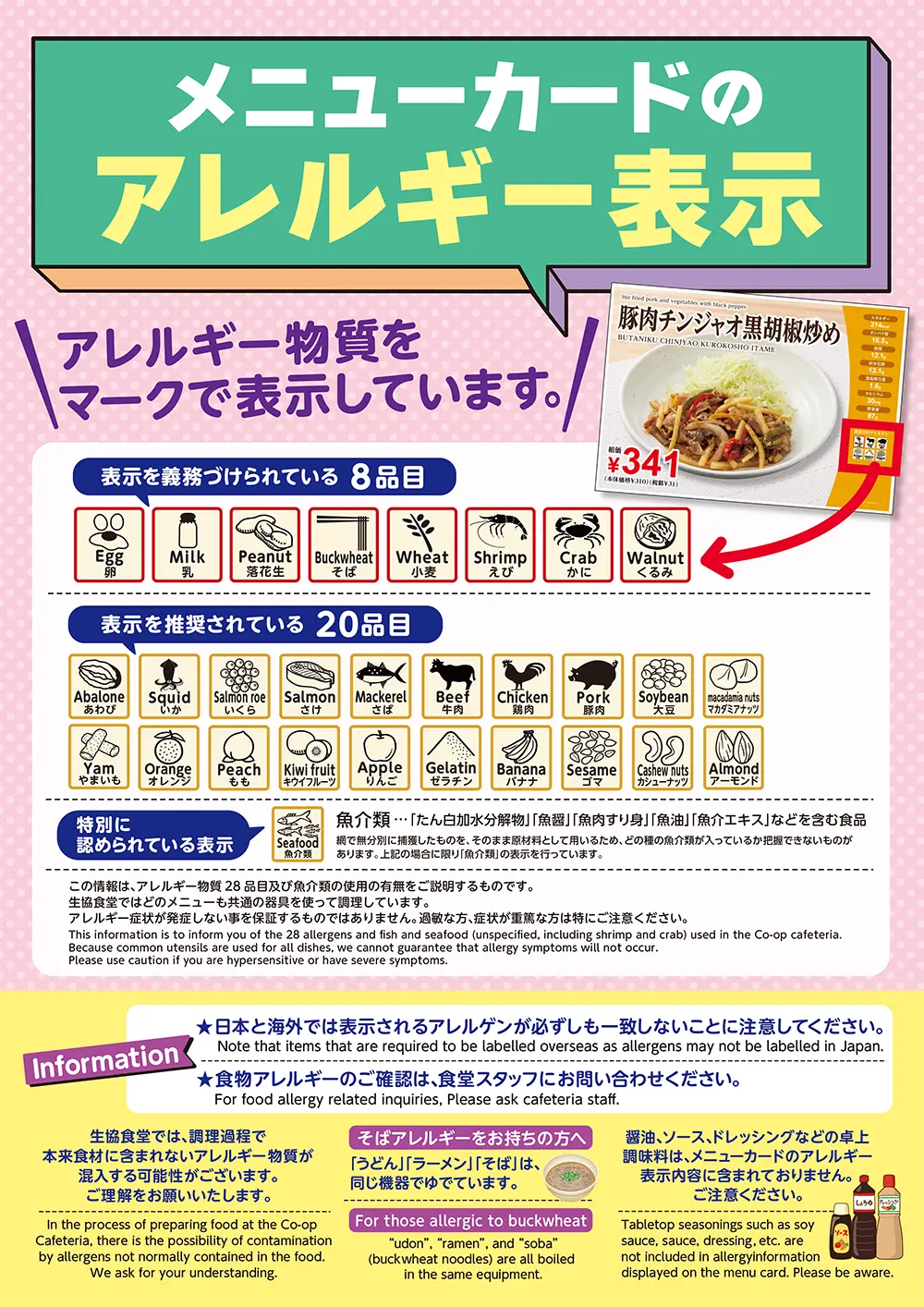 メニュ−カードのアレルギー表示